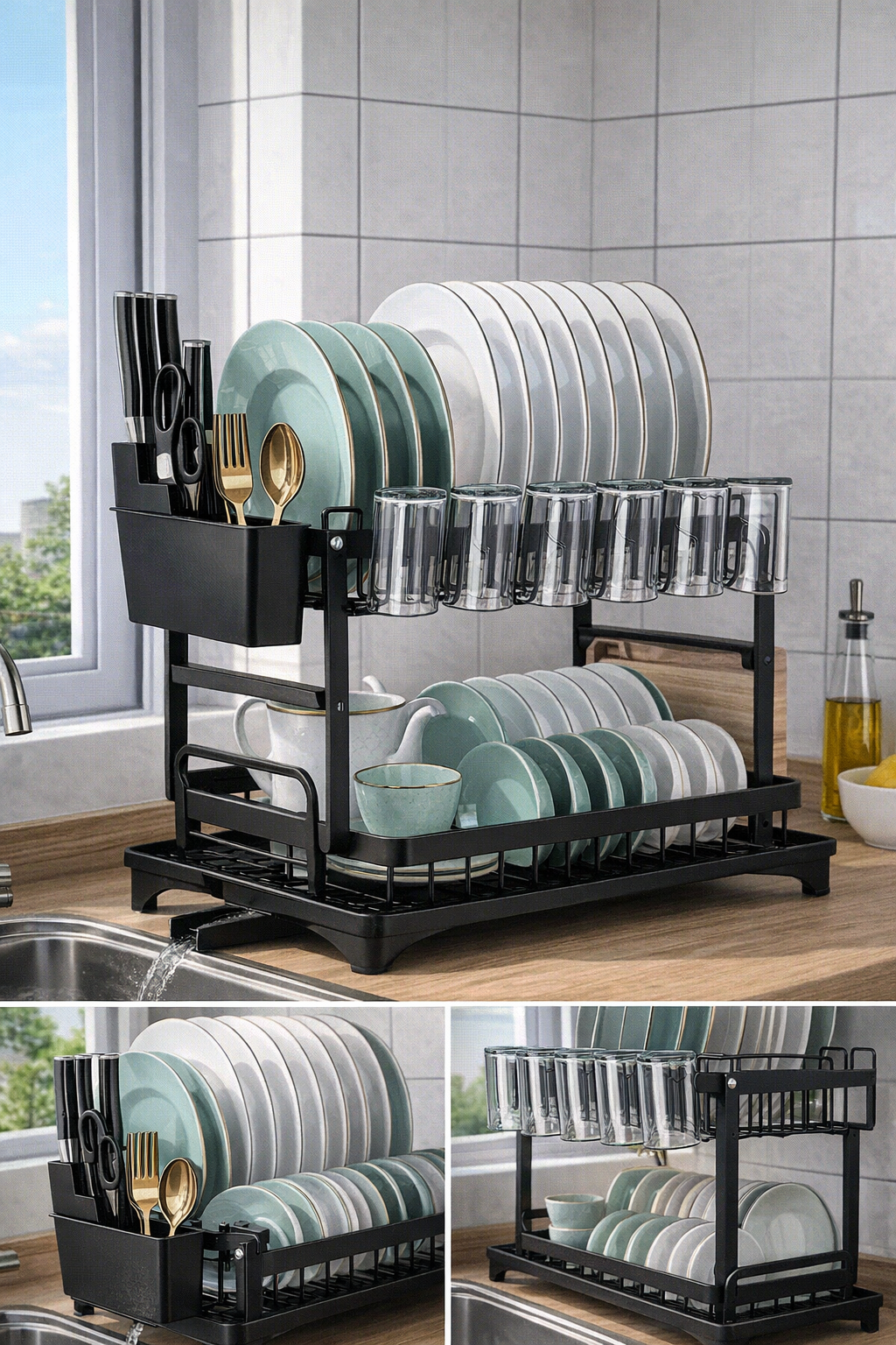 Egouttoir en Aluminium 2 Niveaux – Design Noir Mat