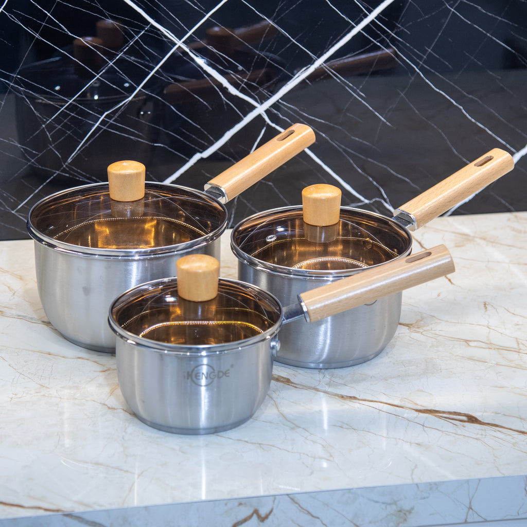 Lot de 3 Casseroles Inox & Couvercles en Verre