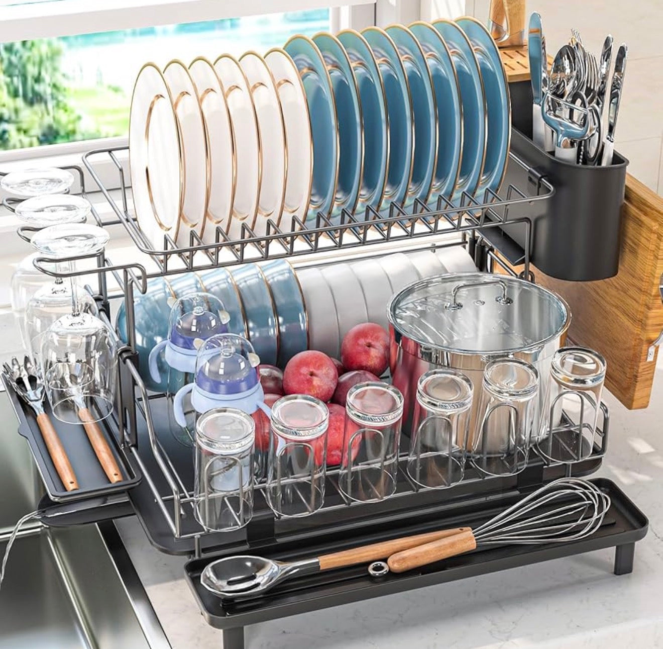 Egouttoir en Aluminium 2 Niveaux – Design Noir Mat